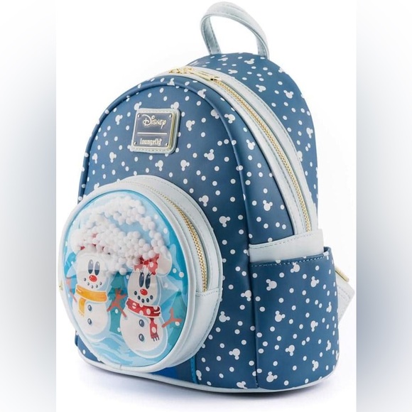 Loungefly Disney Snowman Mickey Minnie Mouse Snowglobe Double Strap Shoulder Bag - Picture 2 of 4